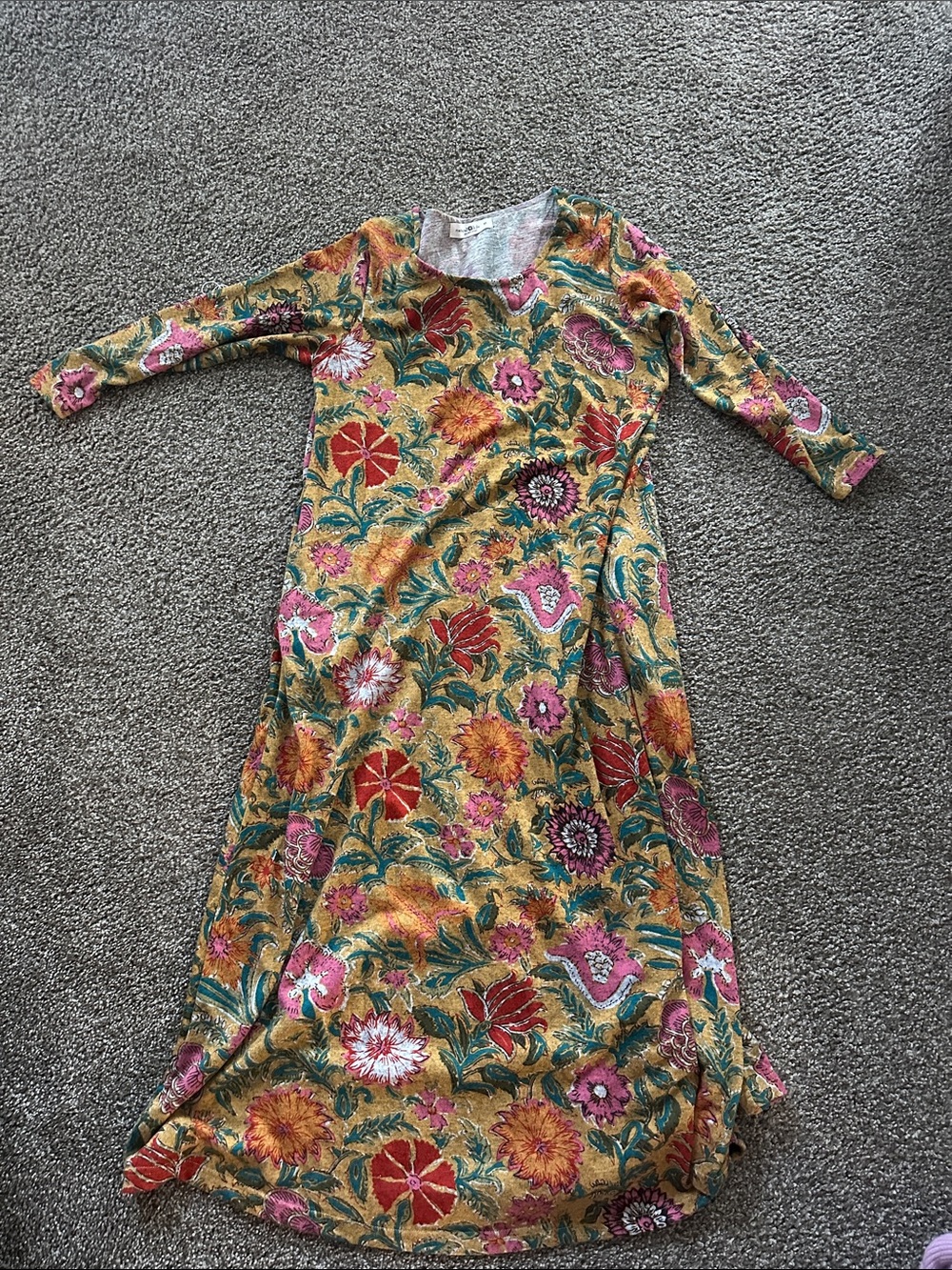 NATURAL LIFE Mustard Yellow Floral Maxi Dress with Pink & Green Accents